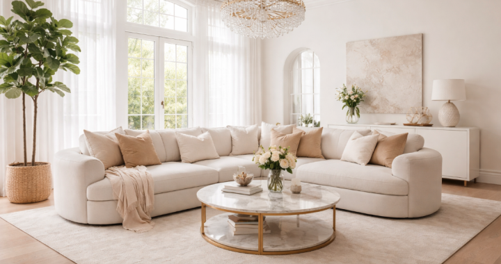Bright modern living room with a large cream curved sectional sofa, marble and gold coffee table, crystal chandelier, sheer white curtains, and neutral decor accents.