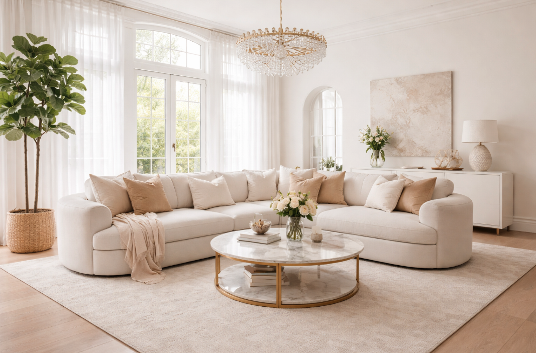 Bright modern living room with a large cream curved sectional sofa, marble and gold coffee table, crystal chandelier, sheer white curtains, and neutral decor accents.