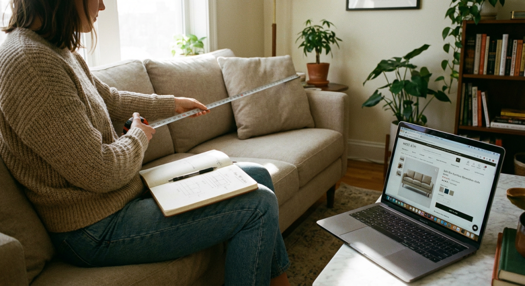 busy homeowner preparing for post holiday furniture sale with measurements and laptop