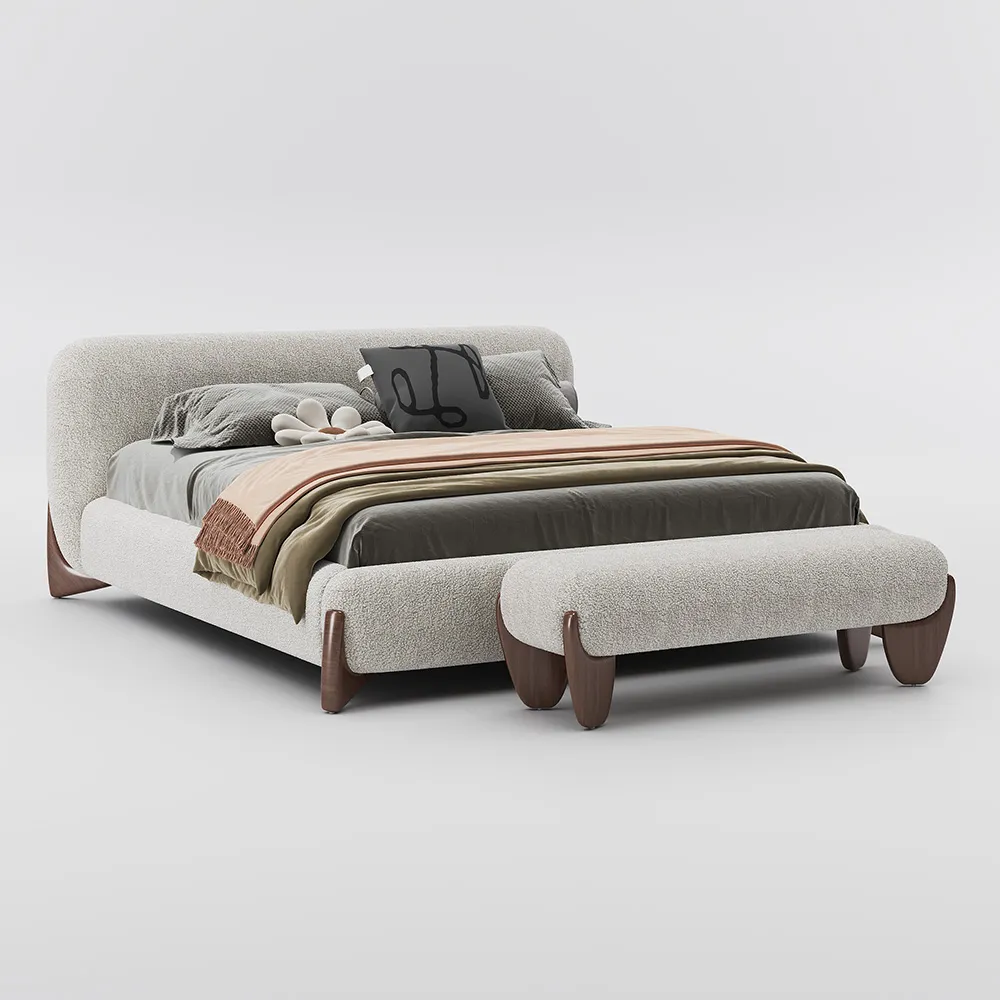 King Size Boucle Platform Bed with Modern End of Bed Bench Set