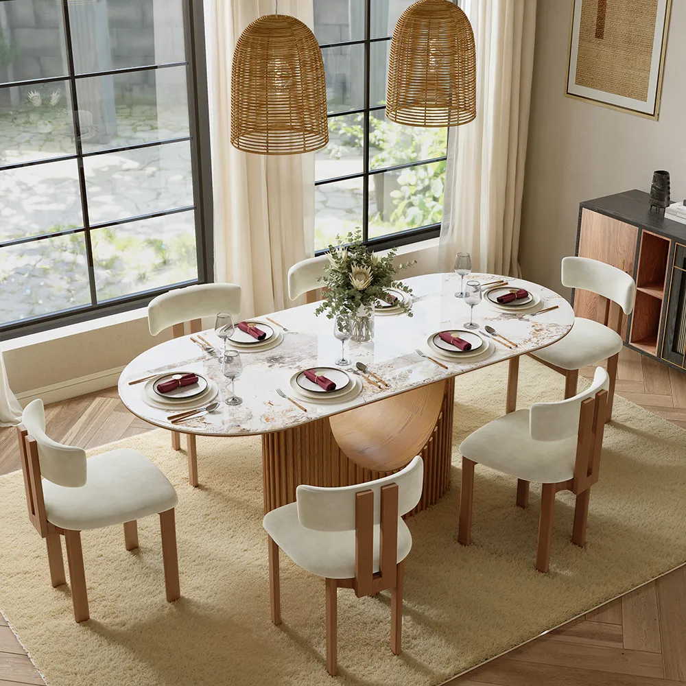 Mid-Century Oval Walnut Color Wood Dining Table Set for 6