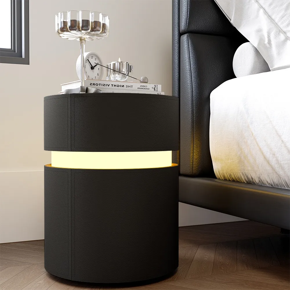 POVISON Modern Round LED Nightstand with Drawers