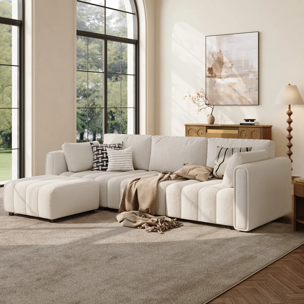POVISON Retro Hand-Tufted Beige Chenille Sofa