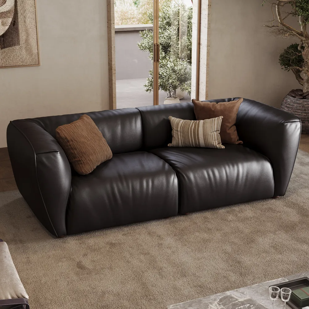 Povison Black Genuine American Leather Loveseat Sofa