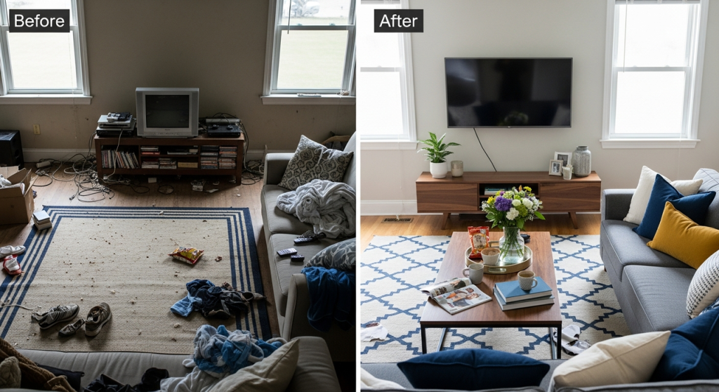 budget-friendly holiday living room refresh with new rug, TV stand, and decluttered surfaces