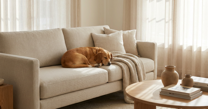 Golden retriever peacefully sleeping on durable beige performance fabric sofa in sunlit minimalist living room.
