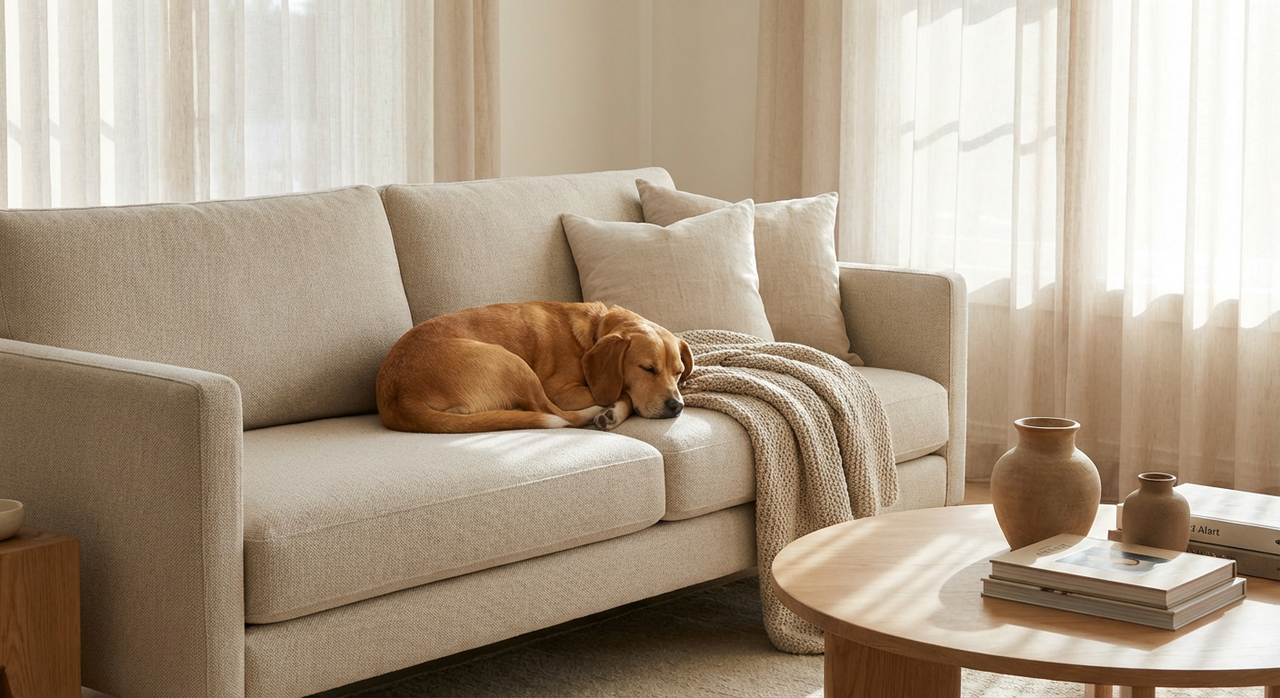 Golden retriever peacefully sleeping on durable beige performance fabric sofa in sunlit minimalist living room.