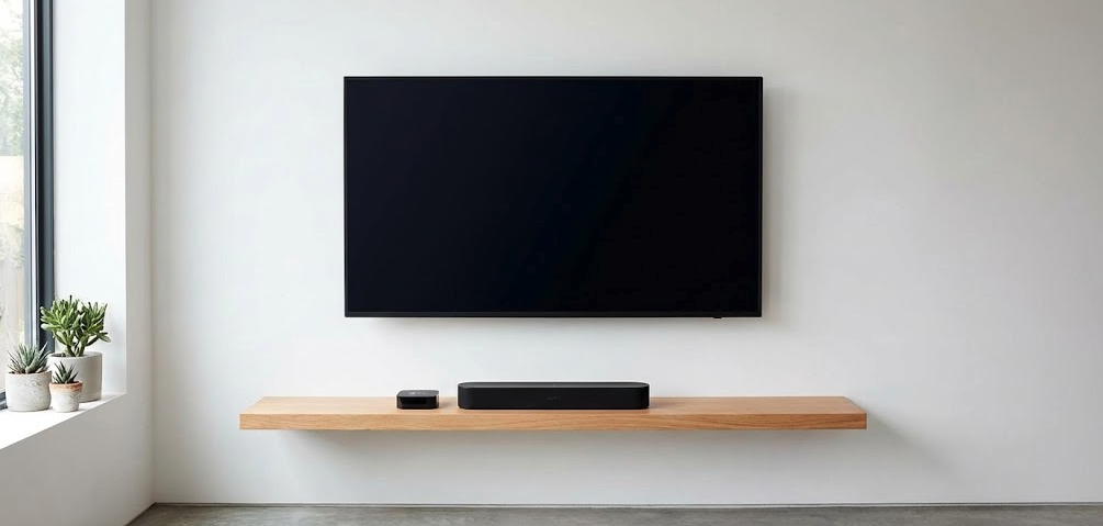 Minimal wall-mounted TV shelf under a wall-mounted TV in a small apartment