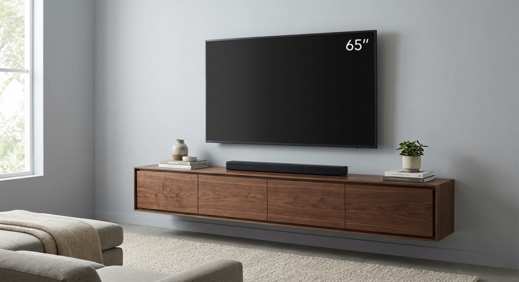 65 inch TV with matching long floating TV stand and hidden cable storage