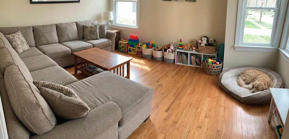 Sofa with safe walkway space for kids and pets