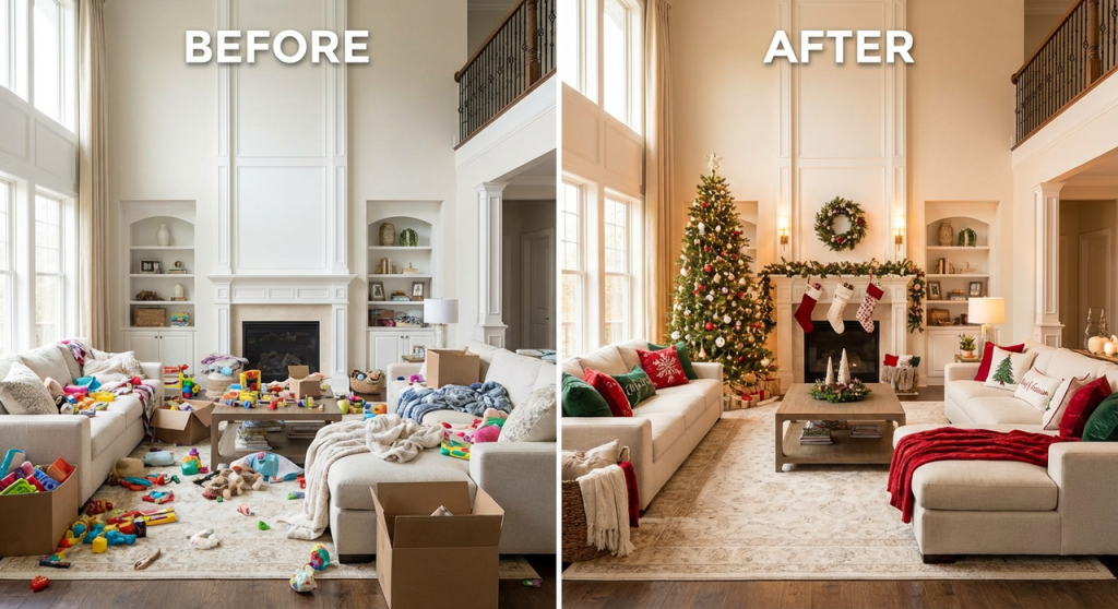 christmas living room arrangement checklist applied to transform a cluttered space into a cozy holiday room