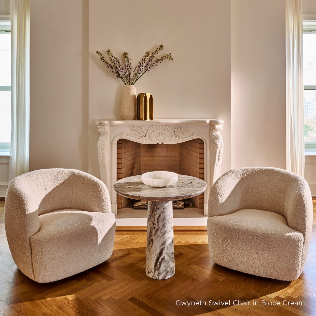 cb2 Gwyneth Ivory Boucle Swivel Chair by goop