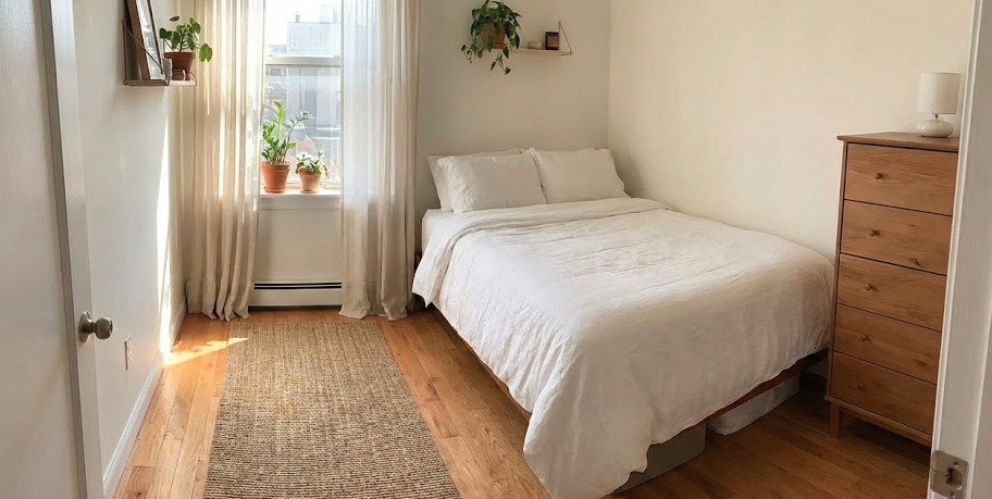 Space-saving bedroom furniture layout in small room