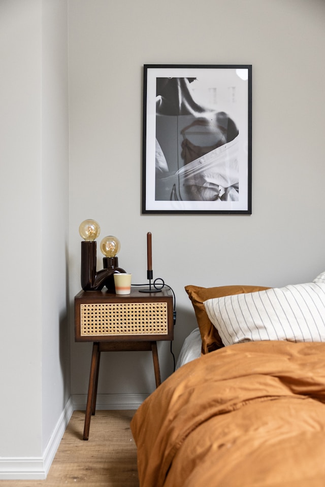 cozy bedroom with a bed nightstand