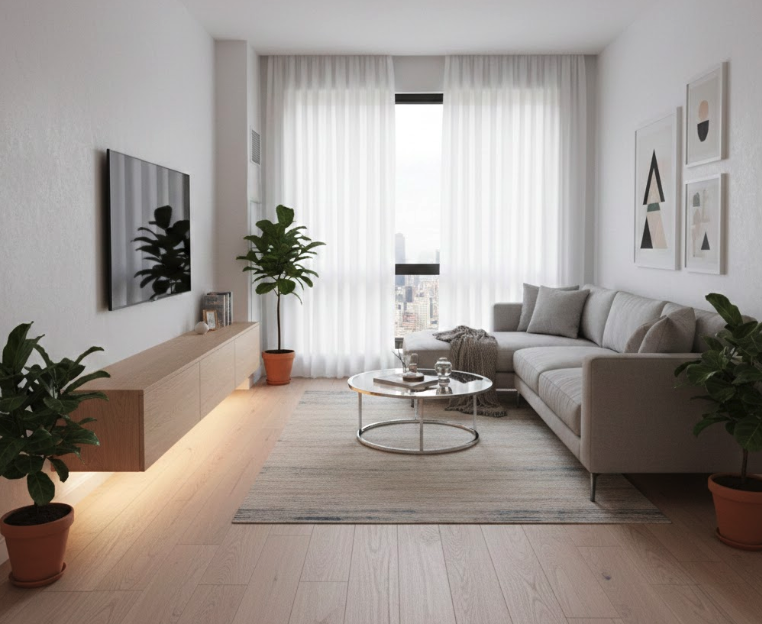 Space-saving floating TV console in a compact family living room