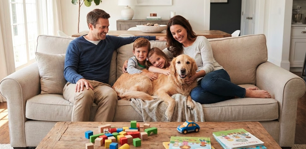 Family of four and a dog lounging on a 3-seat sofa with toys on the coffee table