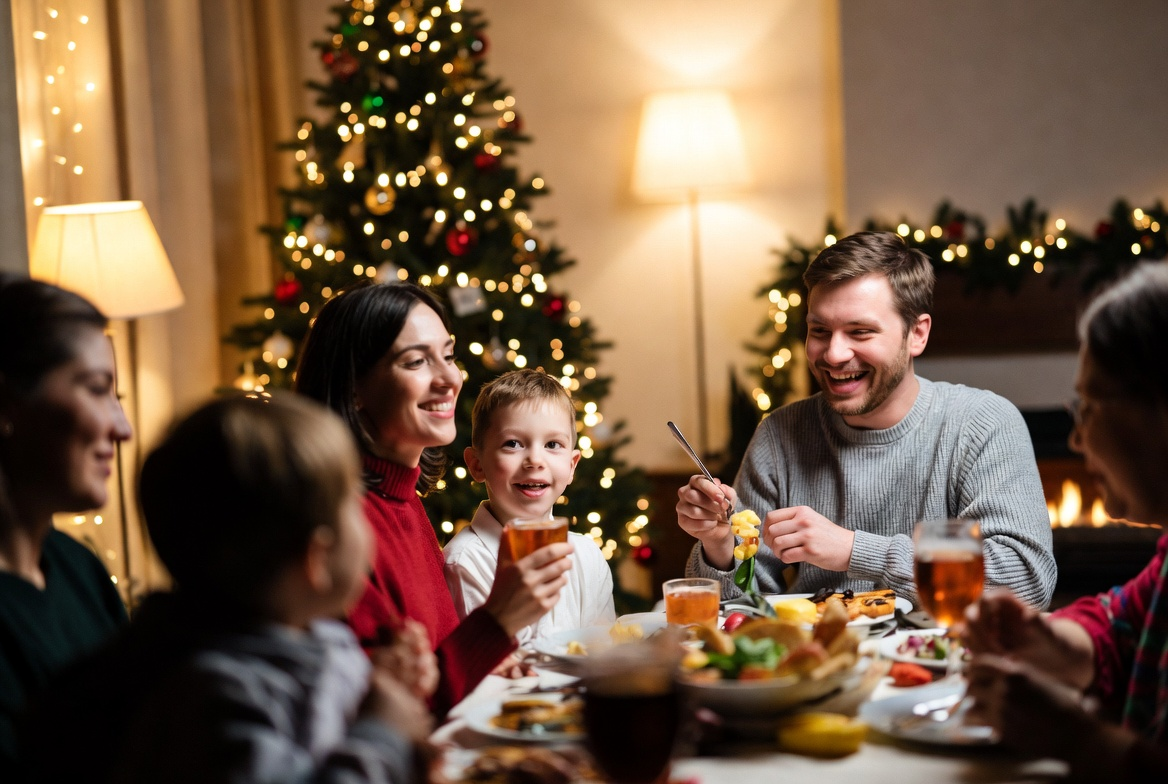 cozy small living room with slim christmas tree and clutter-free floor plan