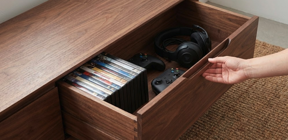 Storage capacity of mid-century modern TV stand with drawers for organizing cables and toys