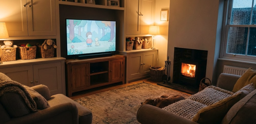 organized tv stand for small living room with closed storage in a family home