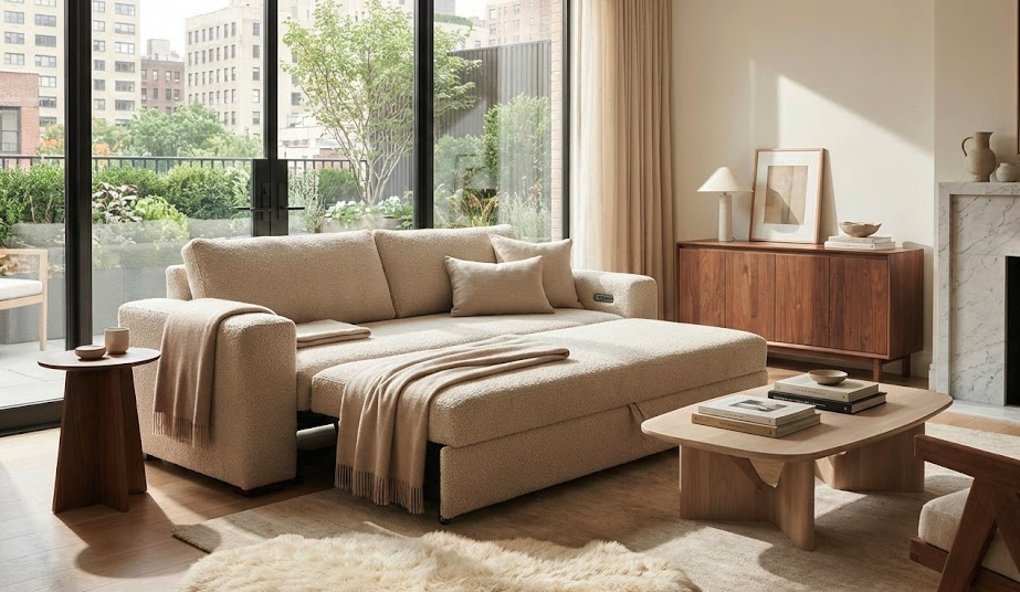 Textured bouclé electric sofa bed smoothly extended into a sleeper in a sunlit urban apartment with city views.