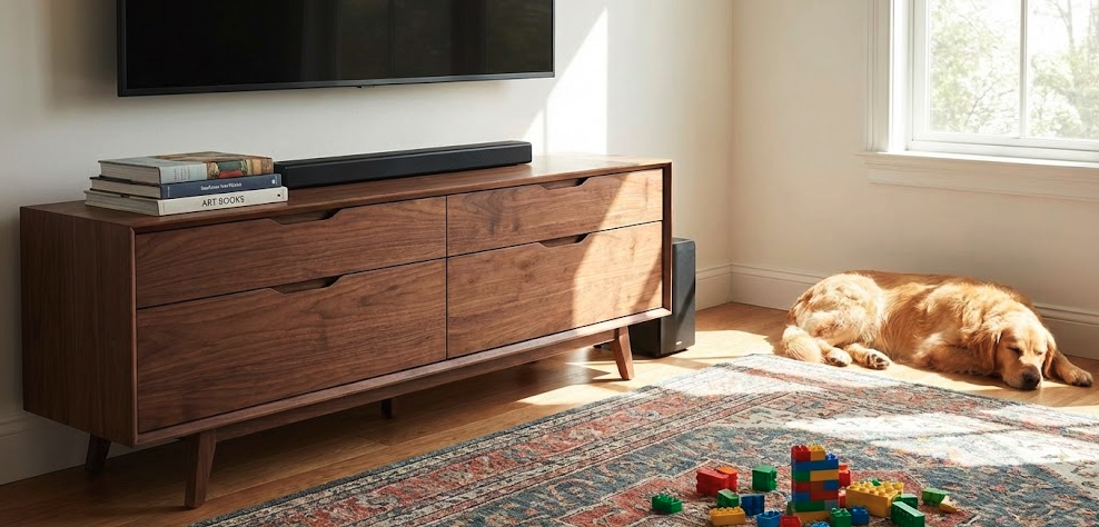 Mid-Century Modern Walnut TV Stand with Soundbar, Subwoofer, and Family-Friendly Living Room Setup