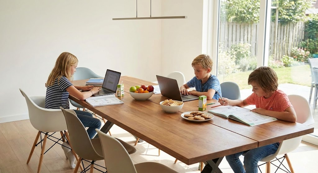 Modern dining table set designed for busy families with kids using it for assignments and meals