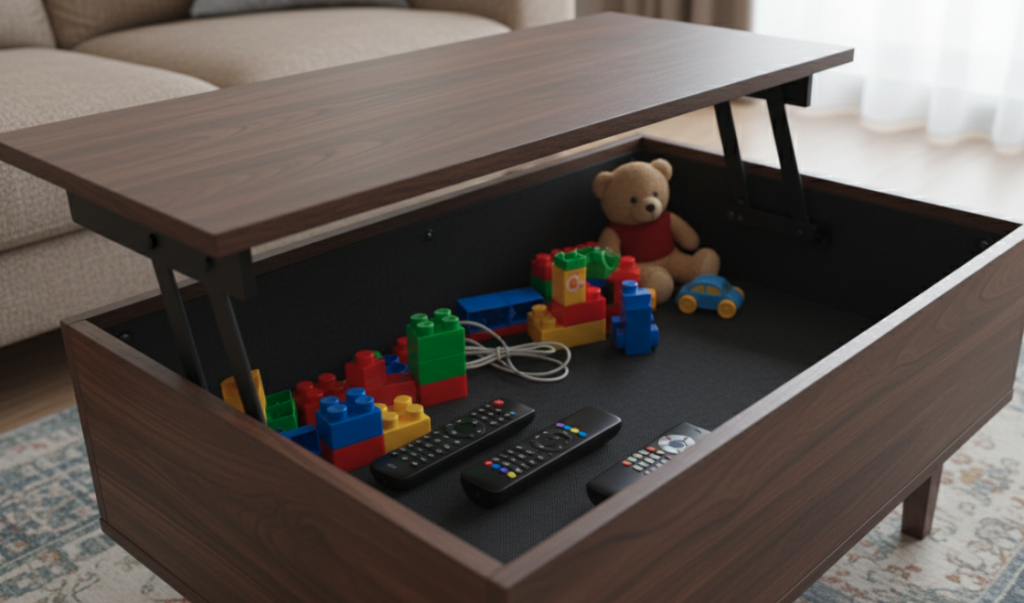 lift-top coffee table with hidden storage for remotes, toys, and chargers