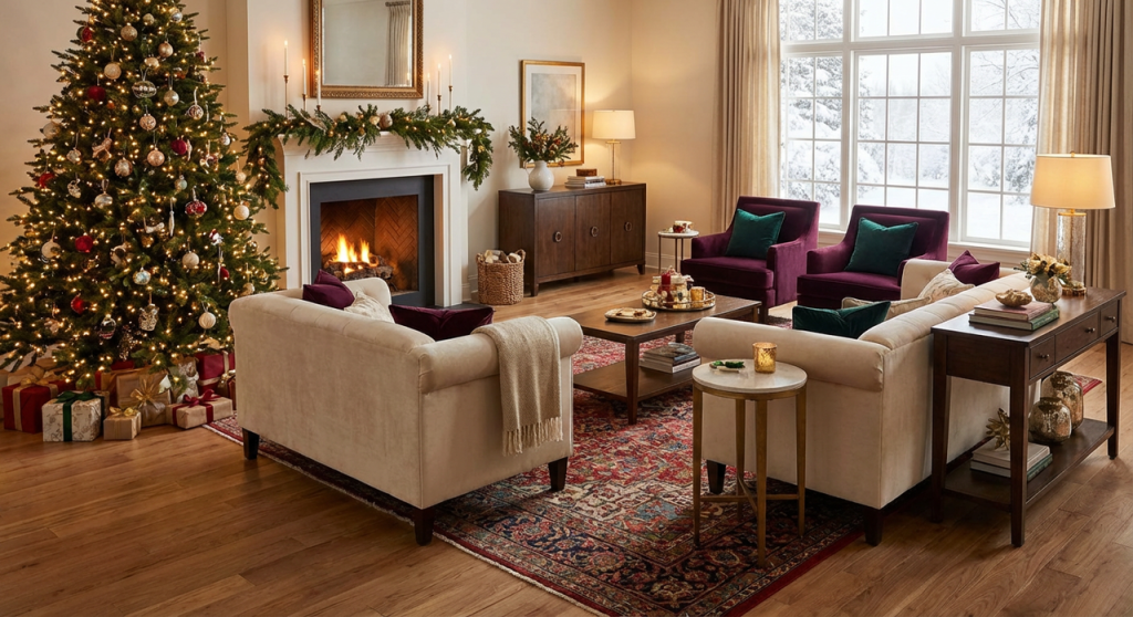 christmas living room arrangement with corner Christmas tree and safely spaced seating for families