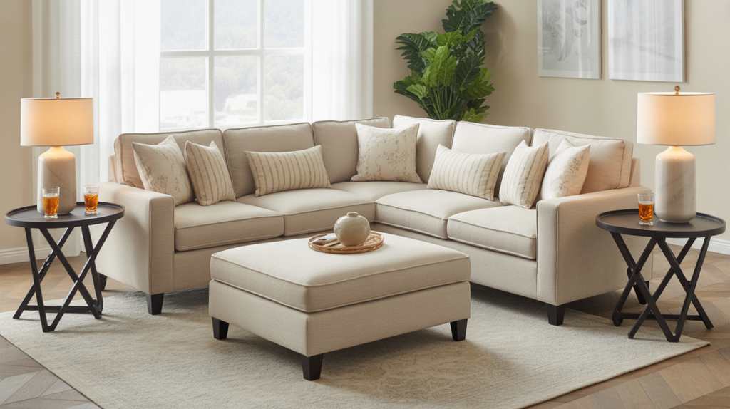 family-friendly holiday living room with plenty of seating and surfaces for snacks and drinks