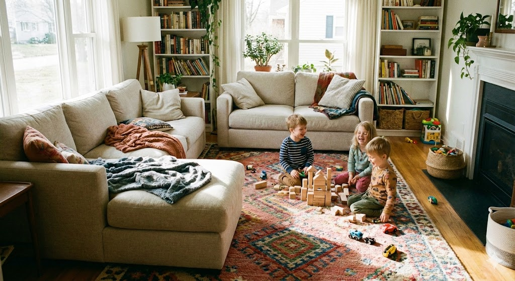Sofa and loveseat layout for busy family room