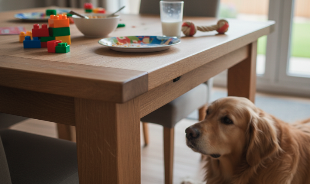 Durable solid wood dining table set for 6 with scratch-resistant finish used by kids and pets