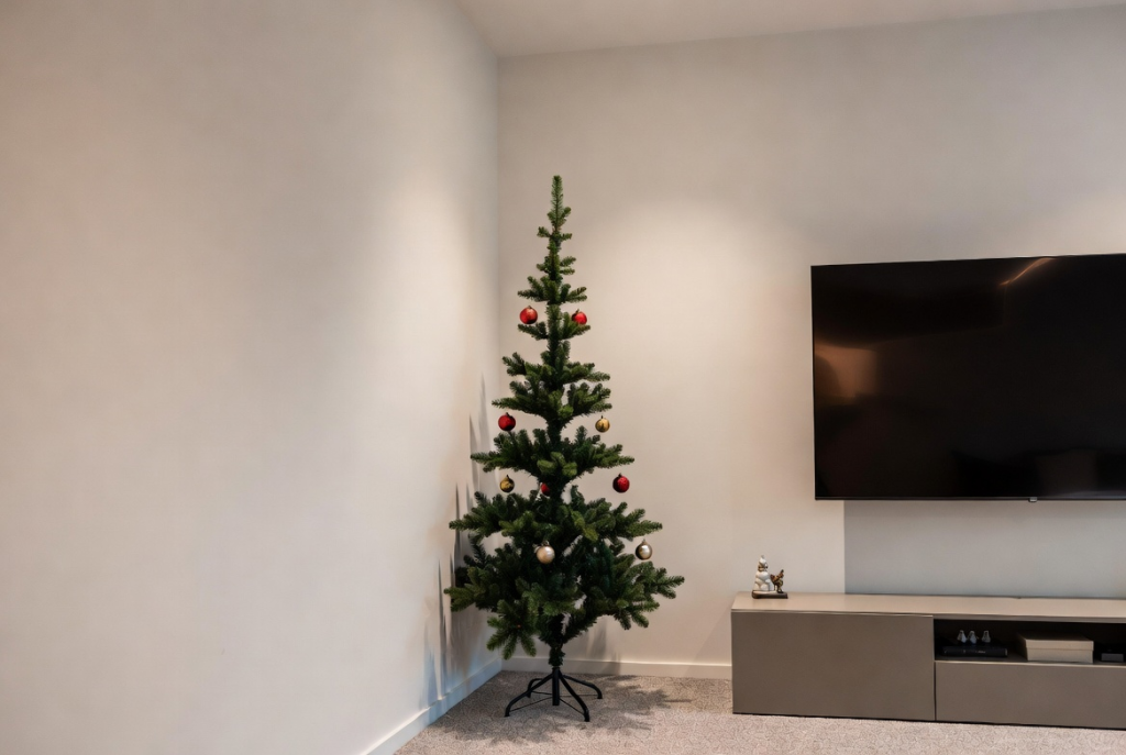 pencil christmas tree in small family living room beside TV for space-saving decor