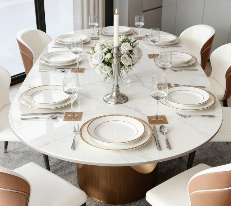 Elegant oval marble dining table set for eight with white plates, gold-rimmed china, wine glasses, silver cutlery, floral centerpiece, and lit candle, surrounded by modern white and brown chairs.