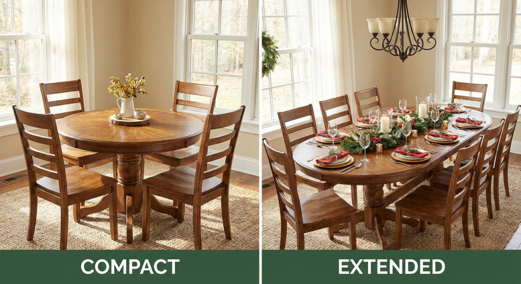 extendable wood dining table expanded for christmas dinner with extra guests