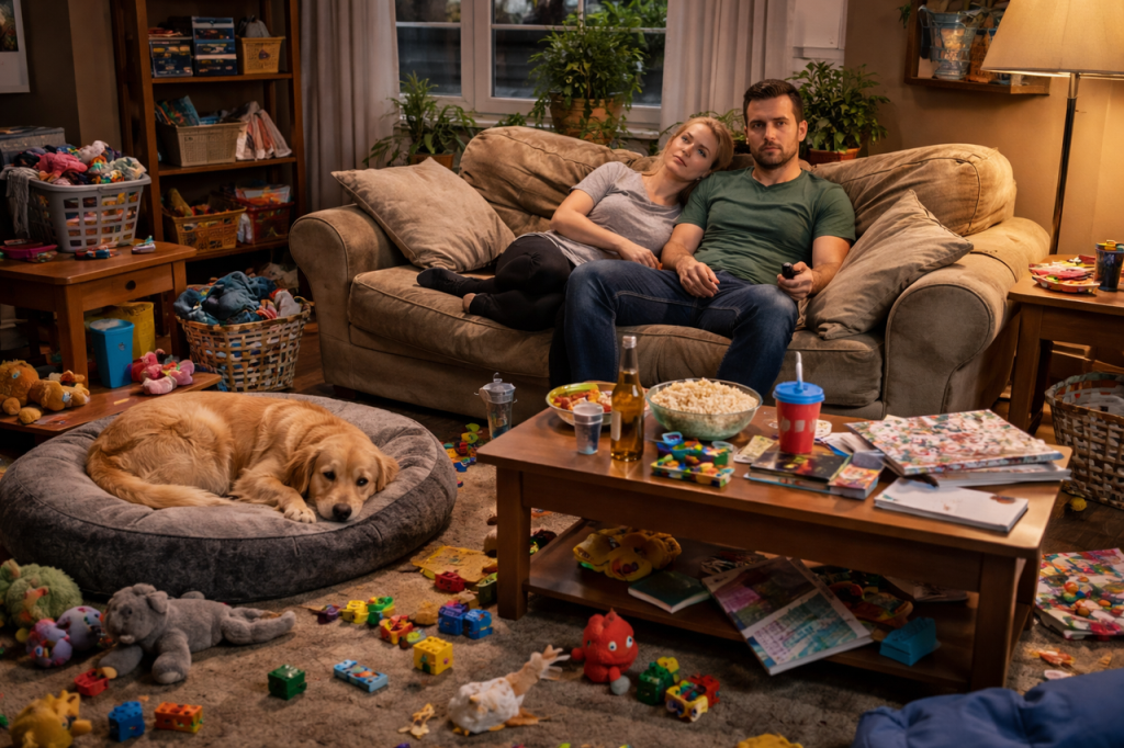 Cluttered living room before living room makeover for busy families