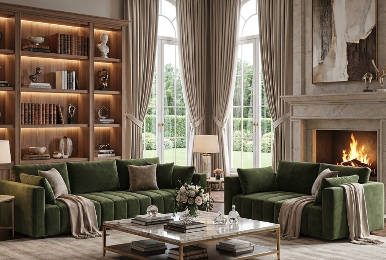 Elegant living room with green velvet sofas, lit fireplace, marble coffee table, bookshelves, and large arched windows.