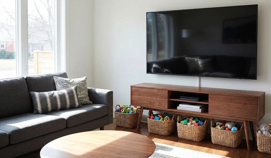 mid century modern TV stand sized for 65 inch TV with hidden storage for families