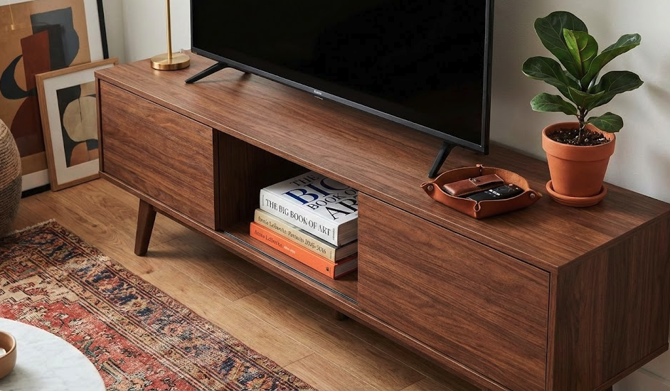 Styled mid-century modern console with books plants and organized accessories