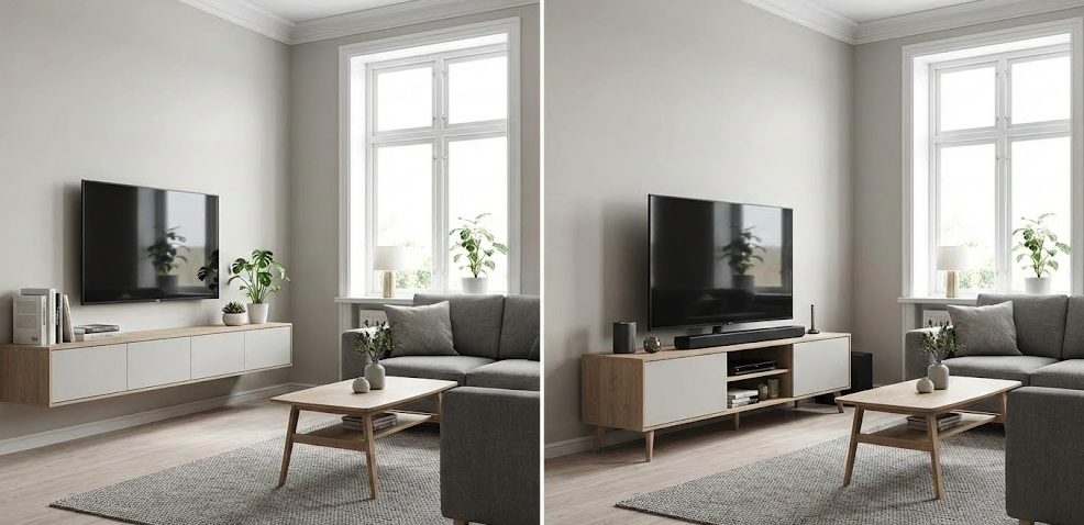 Floating TV stand vs floor TV stand comparison for busy parents and pet owners