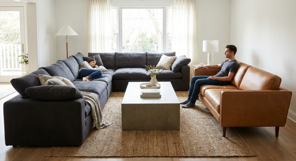 comparison of deep seat sofa and standard depth couch in the same living room