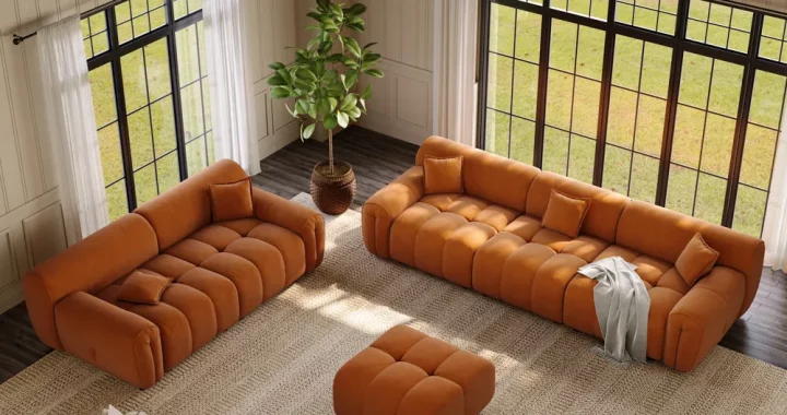 orange velvet living room sofa set arrangement