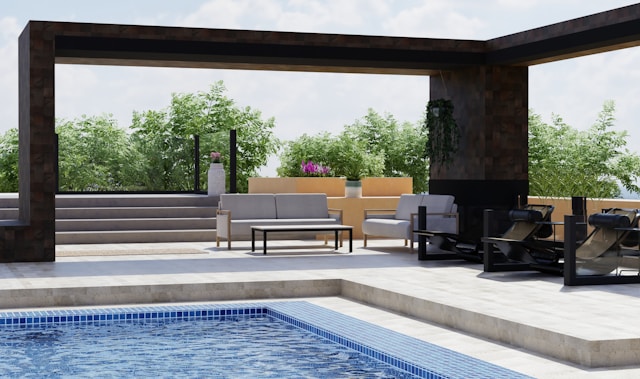 poolside patio with modern lounge chairs and outdoor seating area