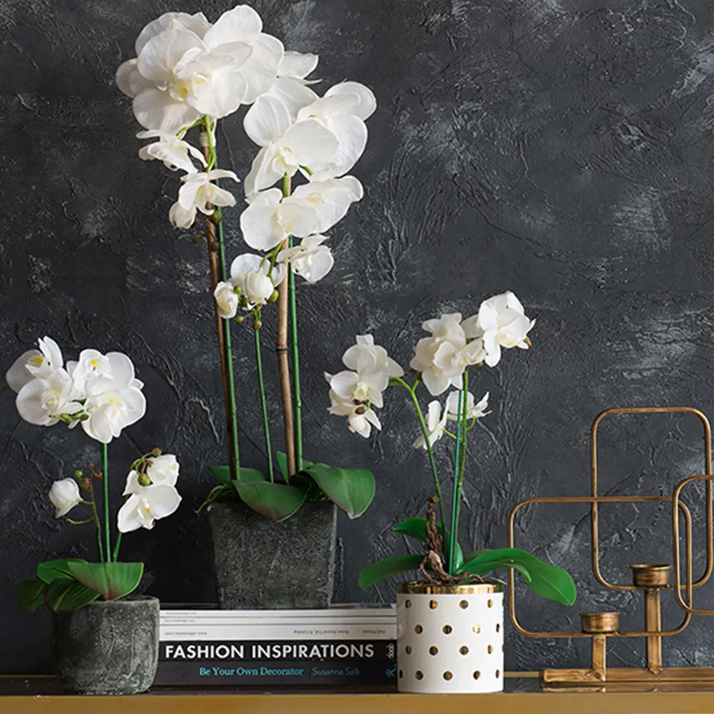 povison Artificial White Orchid in Gold-Dotted Pot