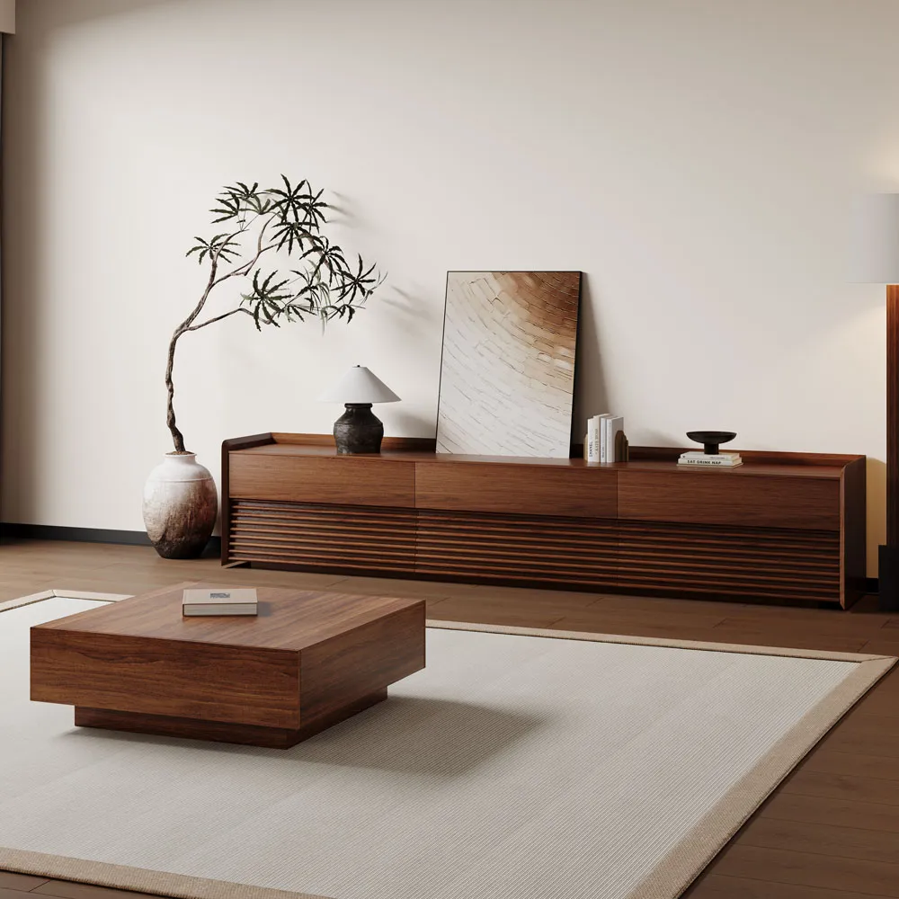 povison Mid-Century Modern Wood TV Stand with Coffee Table