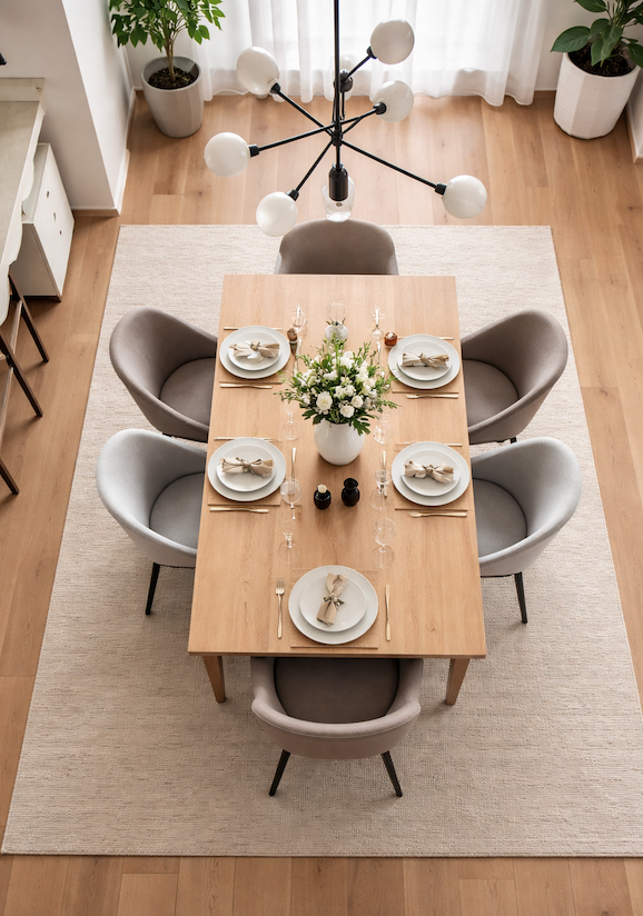 Modern dining table set sized correctly for a family dining room