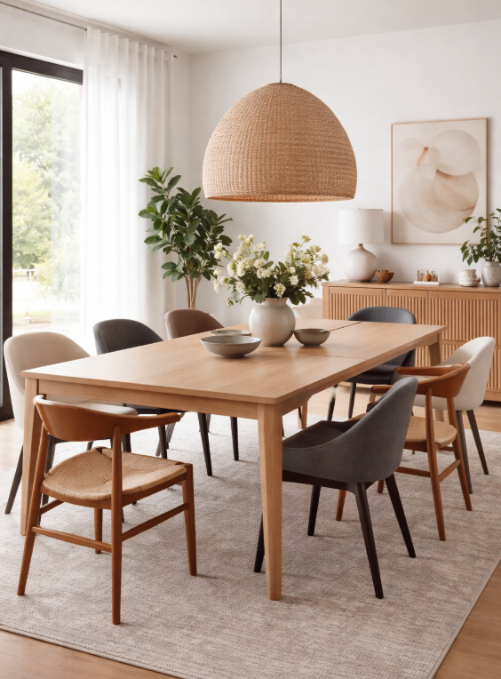 Modern dining table set with mixed dining chairs for comfort and easy cleaning