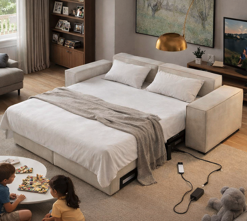 Modern electric sofa bed mechanism extending smoothly in a family living room