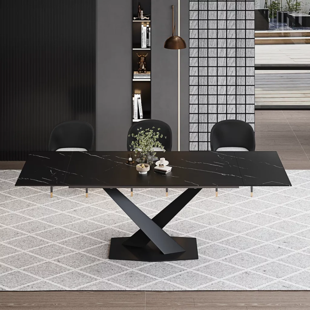 63 To 94.5 Extendable Dining Table For 8-10 With Rectangular Sintered Stone Dining Top And Steel Base