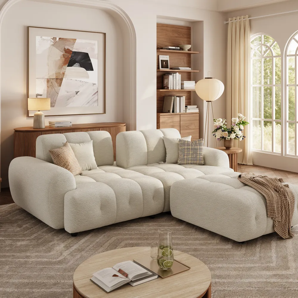 98 Inch Modern Cream Sofa with Ottoman Cloud Sofa Bed with Chenille
