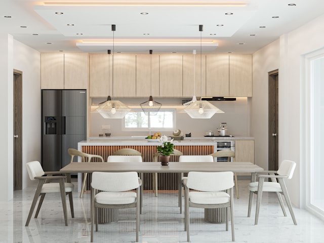 A modern kitchen and dining table